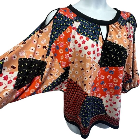 Eci New York Boho Flowy Top Floral Patchwork Print Cold Shoulder Blouse Size L - Picture 2 of 8